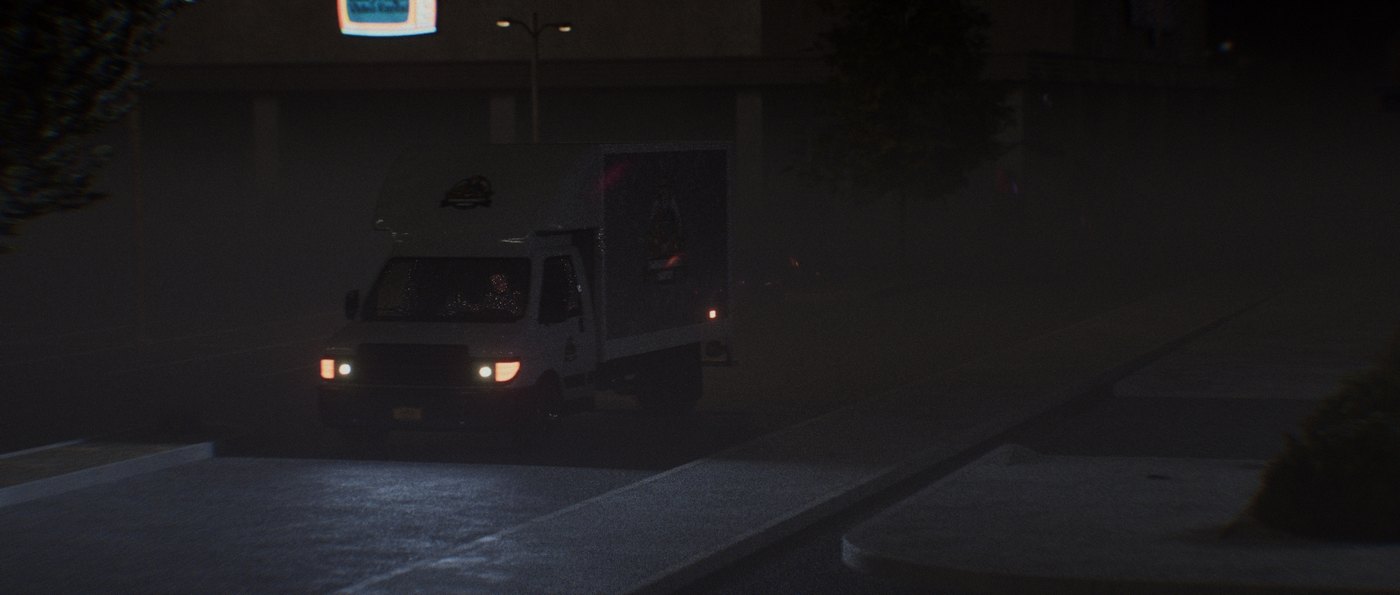 Forest Bathing — still: a lone box truck on a dark street